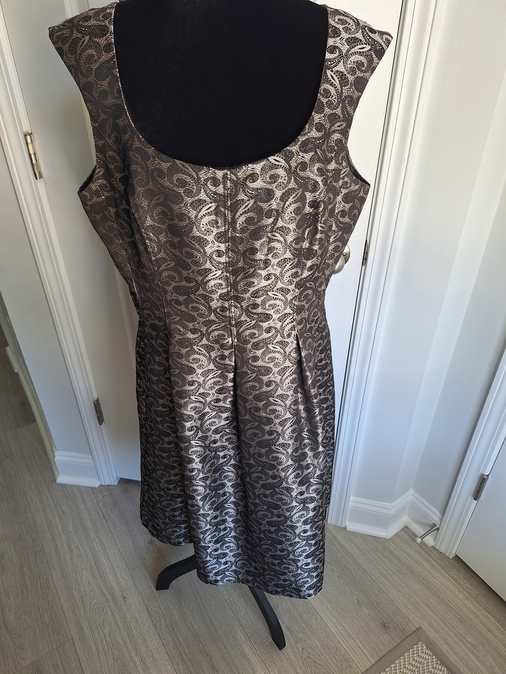 Sleeveless Metallic Brocade A-Line Dress - Champagne and Black